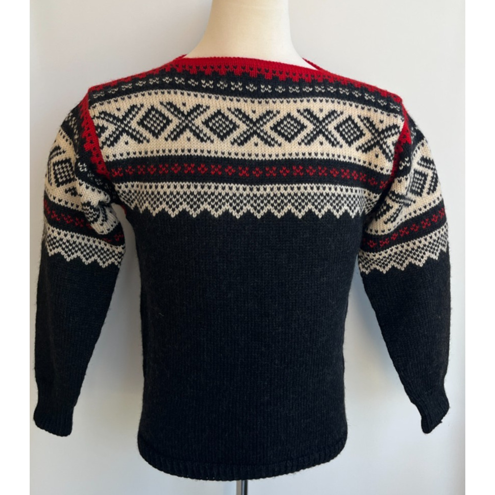 Haus Norway Handknitted 100% Virgin Wool Sweater Charcoal Gray/Black Red sz M